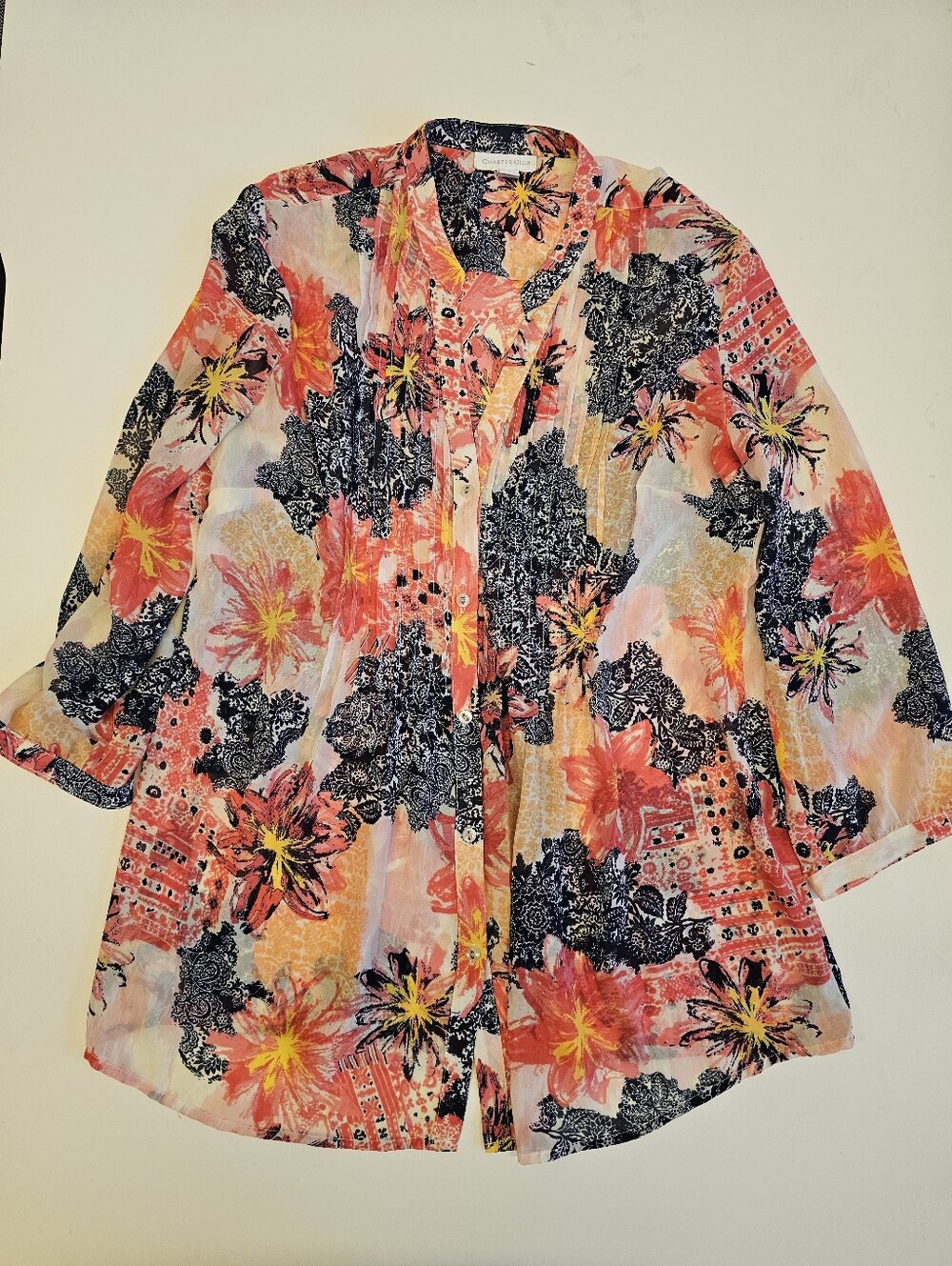 EUC | M | Charter Club | Coral Navy Floral Print Button-Front Tunic Blouse